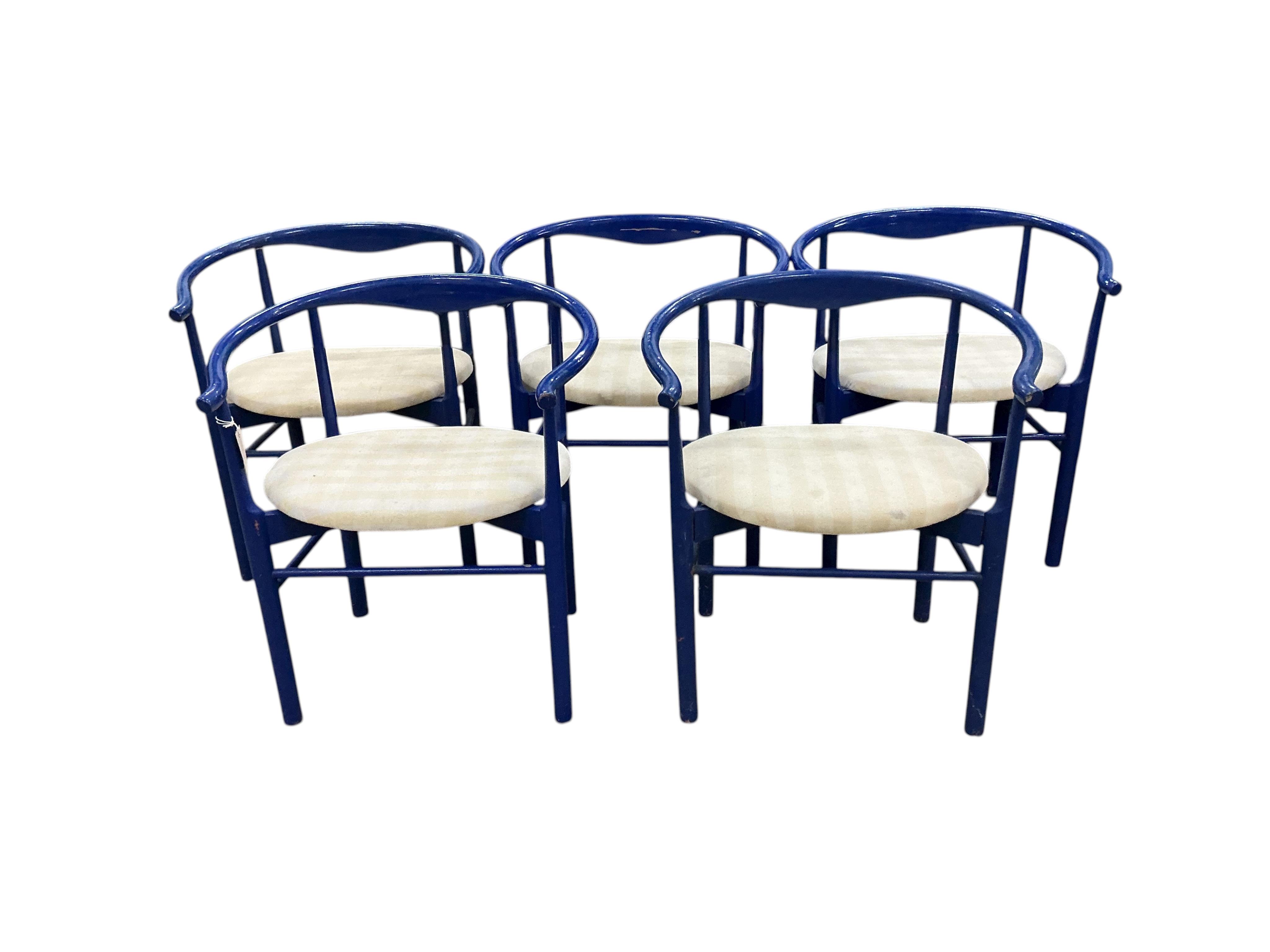 A set of five mid century Danish painted elbow chairs, width 64cm, depth 42cm, height 70cm